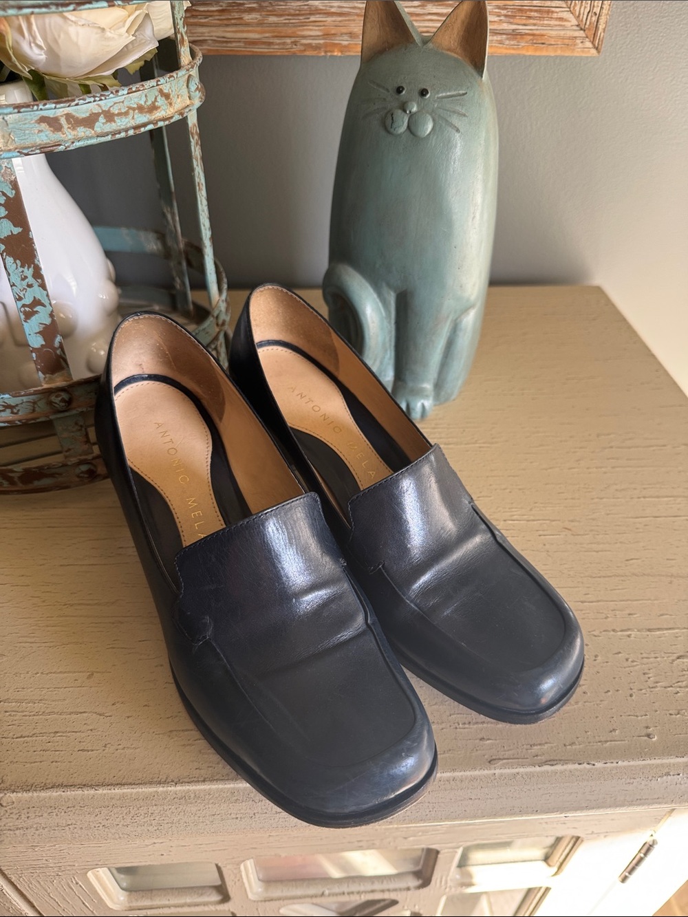 ANTONIO MELANI Navy Leather Slip-On Low Block Heel Loafers